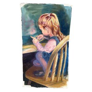 Original Pastel Painting Of A Young Girl at table chair pink 13x23" Drawing READ